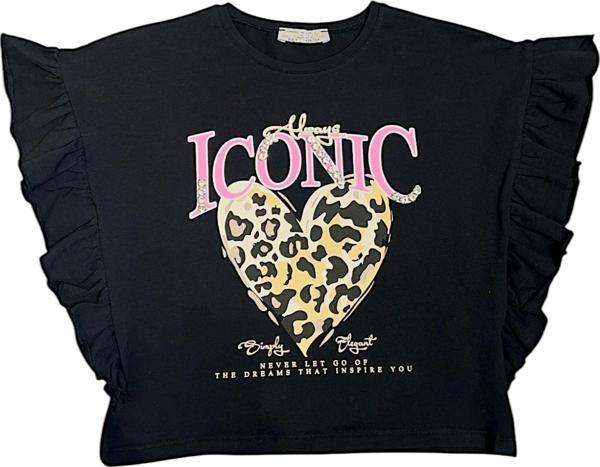 Kız Çocuk Leopar Kalp Taş Detaylı Tshirt - Image 1