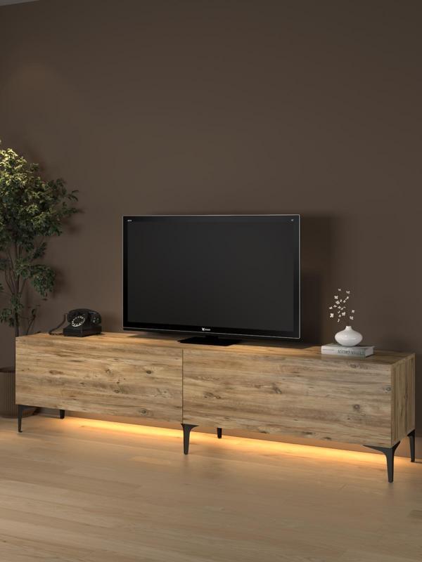 Napoli 200 Cm Led Işıklı Geniş Dolaplı Minifiksli  Tv Ünitesi - Tv Sehpası - Atlantik Çam  - Image 1