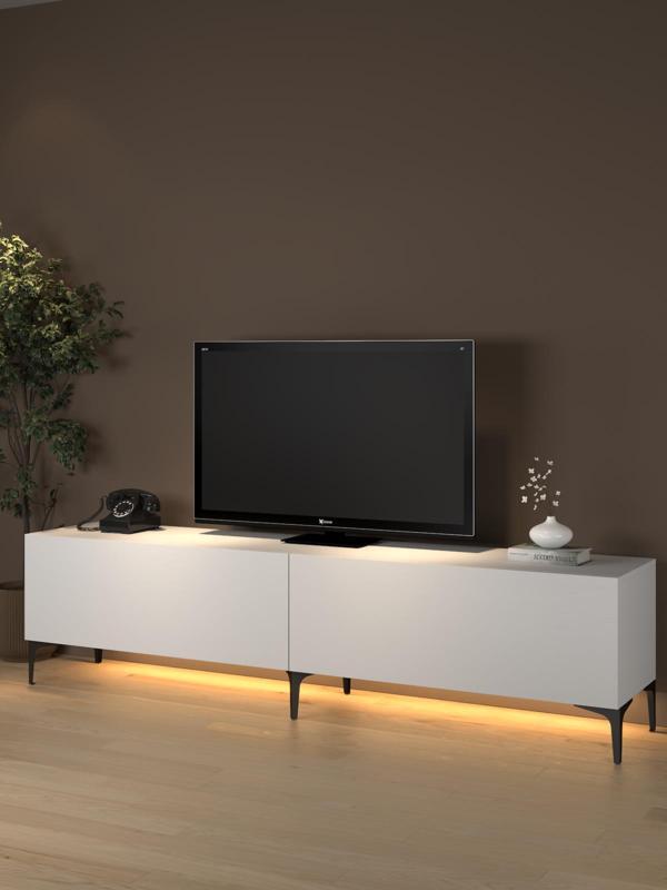 Napoli 200 Cm Led Işıklı Geniş Dolaplı Minifiksli Tv Ünitesi - Tv Sehpası - Beyaz  - Image 1
