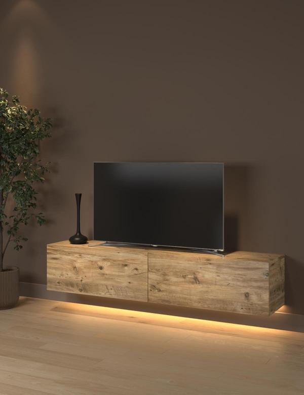 Rami Duvara Monte Led Işıklı, Dolaplı Tv Ünitesi - Tv Sehpası - Minifiksli - Atlantik Çam - Image 1