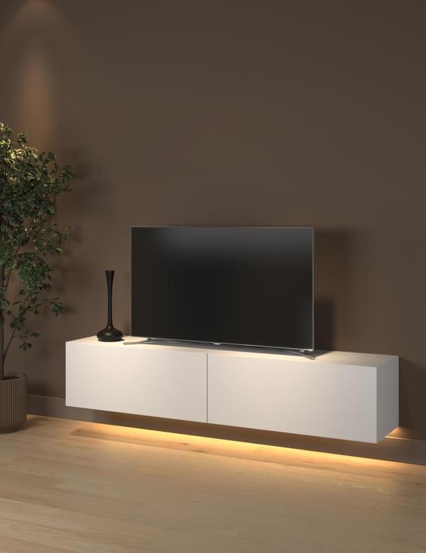 Rami Duvara Monte Led Işıklı, Dolaplı Tv Ünitesi - Tv Sehpası - Minifiksli - Beyaz - Image 1