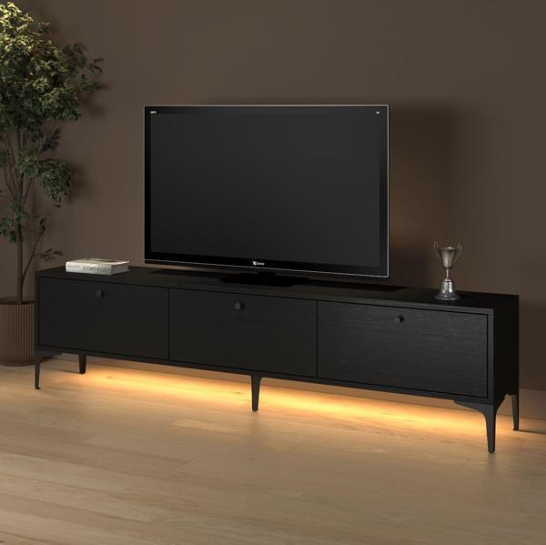 Venüs Led Işıklı Dolaplı Minifiksli 180 Cm Geniş Tv Ünitesi - Tv Sehpası - Wood Siyah - Image 1