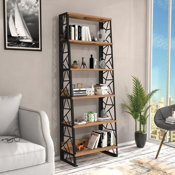 Wood'n Love Albatros 5 Raflı Piramit Metal Kitaplık - Atlantik Çam / Siyah - Image 1