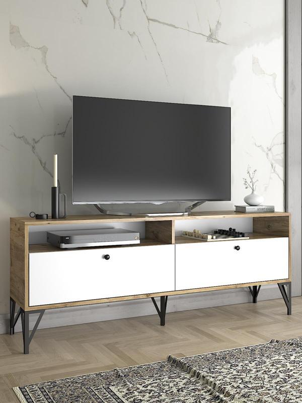 Wood'n Love Astreo 160 Cm Metal Ayaklı Tv Ünitesi - Atlantik Çam - Beyaz / Siyah - Image 1