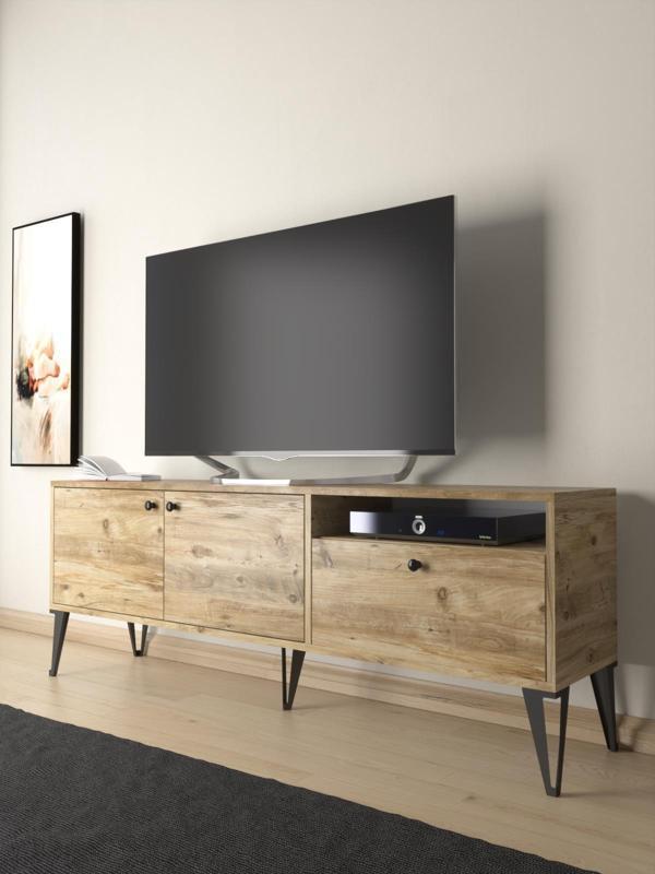Wood'n Love Atoka 160 Cm Metal Ayaklı Dolaplı, Minifiks Bağlantı Tv Ünitesi - Atlantik Çam / Siyah - Image 1