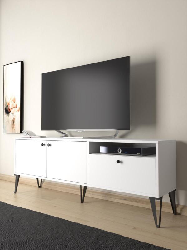Wood'n Love Atoka 160 Cm Metal Ayaklı Dolaplı, Minifiks Bağlantı Tv Ünitesi - Beyaz / Siyah - Image 1