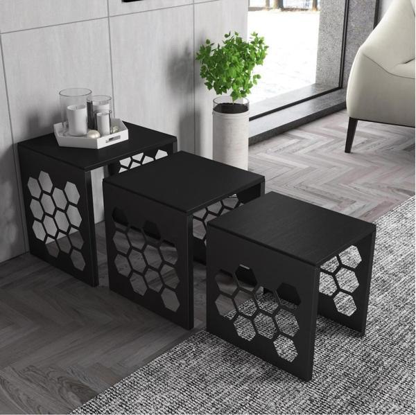 Wood'n Love Deniz Altıgen Desen Premium Metal Ferforje Zigon Sehpa - Wood Siyah / Siyah - Image 1