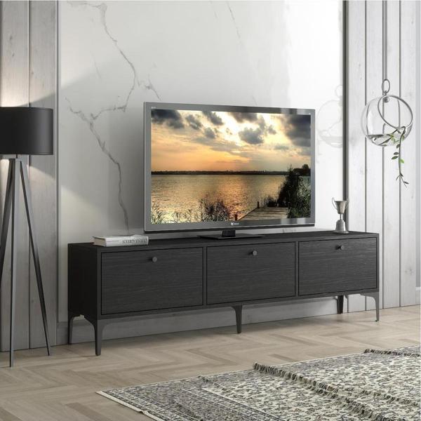 Wood'n Love Etna Premium Metal Ayaklı Dolaplı 160 Cm Tv Ünitesi - Wood Siyah / Siyah - Image 1
