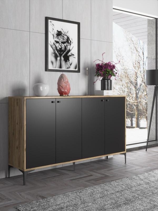 Wood'n Love Hestia 4 Kapaklı Metal Ayaklı 160 Cm Çok Amaçlı Dolap Konsol - Atlantik Çam - Siyah / Siyah - Image 1