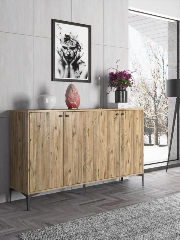 Wood'n Love Hestia 4 Kapaklı Metal Ayaklı 160 Cm Çok Amaçlı Dolap Konsol - Atlantik Çam / Siyah - Image 1