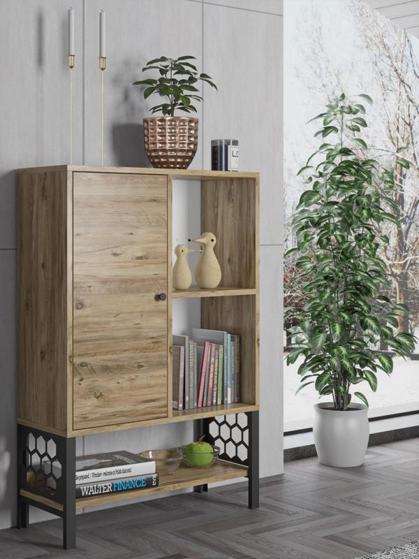 Wood'n Love Lara Desenli Metal Ayaklı Dolaplı Vitrin - Konsol - Atlantik Çam / Siyah - Image 1