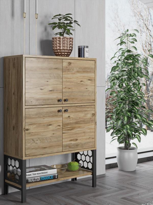 Wood'n Love Lina Desenli Metal Ayaklı Dolaplı Vitrin - Konsol - Atlantik Çam / Siyah - Image 1