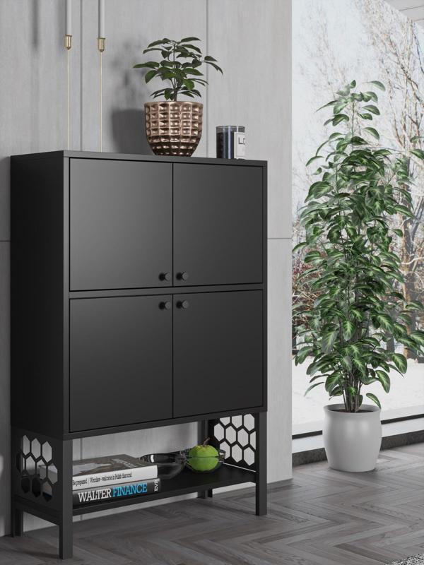 Wood'n Love Lina Premium Desenli Metal Ayaklı Dolaplı Vitrin - Konsol - Siyah / Siyah - Image 1