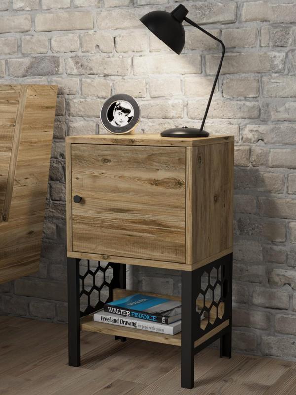 Wood'n Love Maria Dolaplı Raflı Metal Ayaklı Komodin - Atlantik Çam / Siyah - Image 1