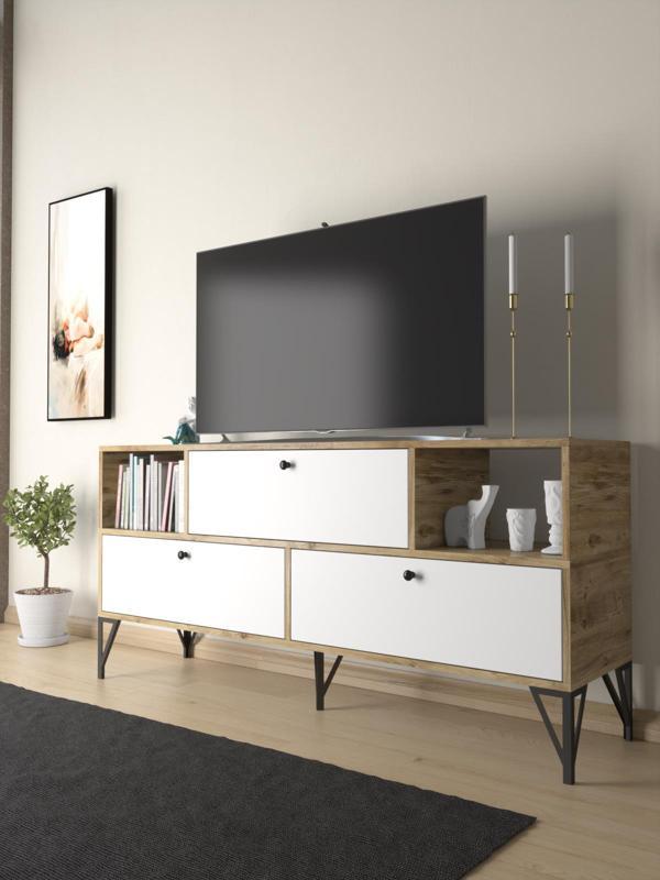 Wood'n Love Mia 160 Cm Metal Ayaklı Tv Ünitesi - Konsol - Atlantik Çam - Beyaz / Siyah - Image 1