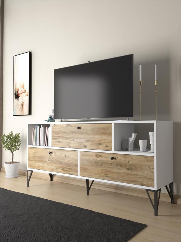 Wood'n Love Mia 160 Cm Metal Ayaklı Tv Ünitesi - Konsol - Beyaz - Atlantik Çam / Siyah - Image 1