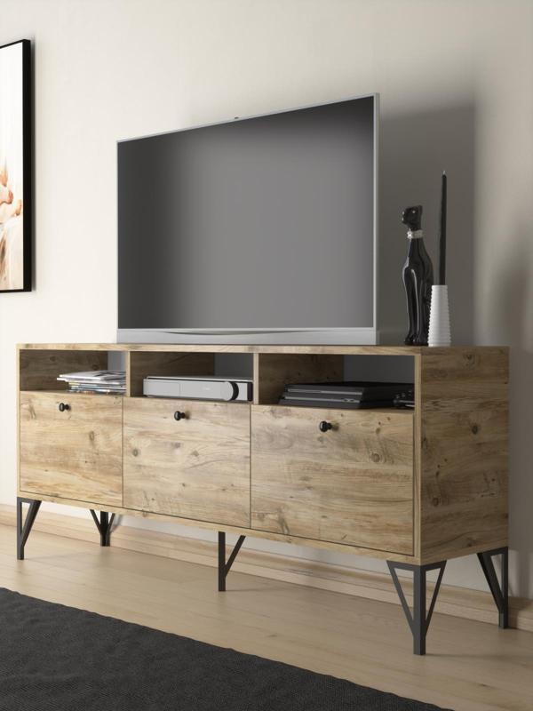 Wood'n Love Rhea 160 Cm Dolaplı, Minifiks Bağlantı, Geniş Tv Ünitesi - Konsol - Atlantik Çam / Siyah - Image 1