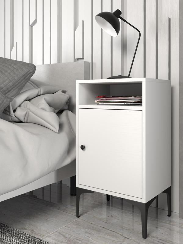 Wood'n Love Vio Metal Ayaklı Minifiks Bağlantı, Dolaplı Komodin - Beyaz / Siyah - Image 1