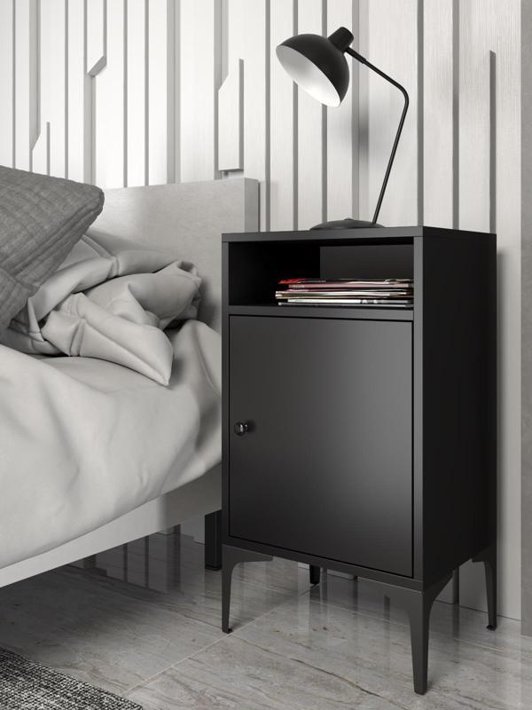Wood'n Love Vio Metal Ayaklı Minifiks Bağlantı, Dolaplı Komodin - Siyah / Siyah - Image 1
