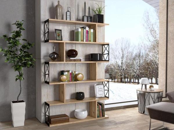 Wood'n Love Zambak 5 Raflı Altıgen Desen Kitaplık - Atlantik Çam / Siyah - Image 1
