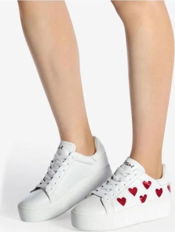 Ash Cute Beyaz Yanları Payetli Kalp Süslemeli Yüksek Tabanlı Deri Sneaker Kadın Ayakkabı - Image 1