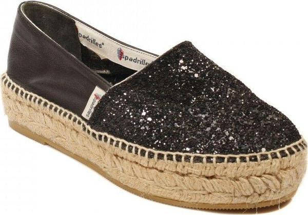 Espadrilles Tommy Glit Siyah Önü Simli Arkası Deri Hasır Tabanlı Dolgu Topuklu Kadın Ayakkabı - Image 1