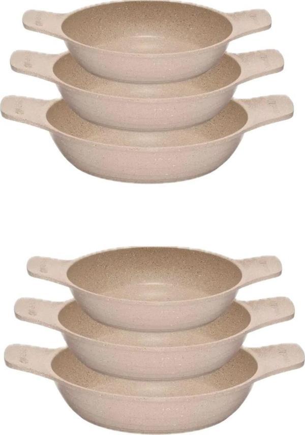 2 ADET SET Döküm Saplı Granit Güveç Sahan Set | 6 Parça |vizon |18CM-20CM-22CM - Image 1