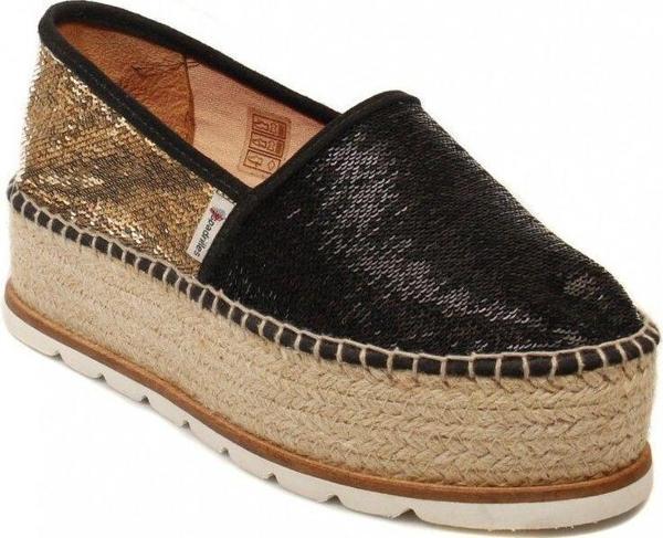 Espadrilles J.Tempe Negro Önü Siyah Arkası Altın Payetli Hasır Taban Dolgu Topuklu Kadın Ayakkabı - Image 1