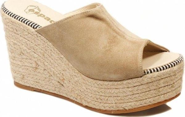 Espadrilles Flash Velour Bej Süet Deri 10 cm Hasır Tabanlı Dolgu Kadın Ayakkabı - Image 1