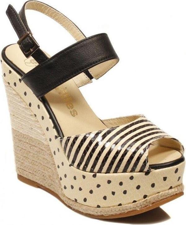 Espadrilles Gipsya Bej Siyah Dolgu Topuklu Deri Sandalet Kadın Ayakkabı - Image 1