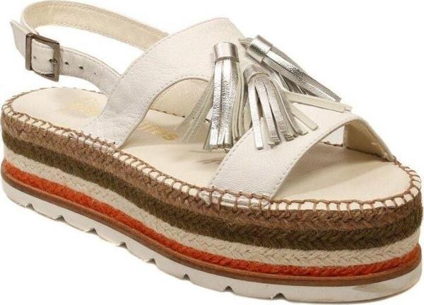Espadrilles Juan Beyaz Deri Püsküllü Detaylı Dolgu Topuklu Sandalet Kadın Ayakkabı - Image 1