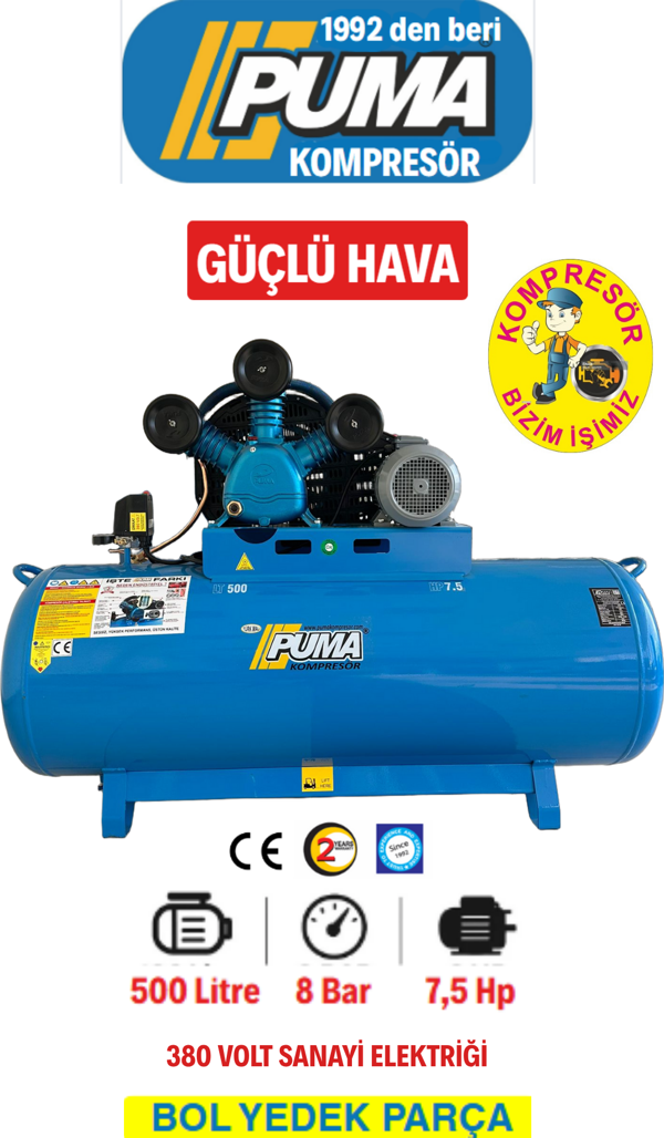 Puma 500 lt PİSTONLU HAVA KOMPRESÖRÜ 8 BAR 3 PİSTON DÖKÜM KAFA YAĞLI 380 V - Image 1