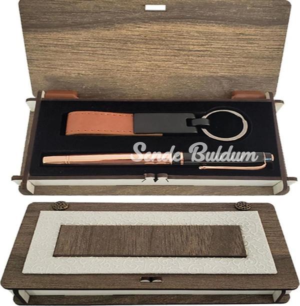 Ahşap Kutulu Set Bakır Roller Kalem Ve Anahtarlık - Image 1
