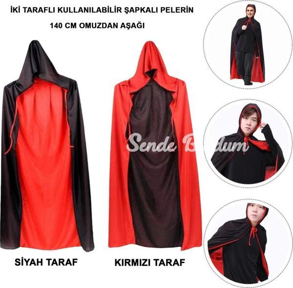 Çift Taraflı Kullanılabilir Siyah Kırmızı Kapişonlu Pelerin 140 Cm Yetişkin - Image 1