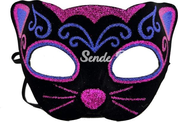 Siyah Kadife Kaplama Üzeri Pembe Mavi Sim İşlemeli Kedi Maskesi 20x13 Cm - Image 1