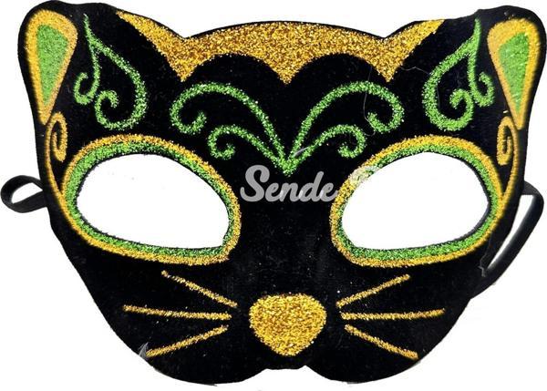 Siyah Kadife Kaplama Üzeri Sarı Yeşil Sim İşlemeli Kedi Maskesi 20x13 Cm - Image 1