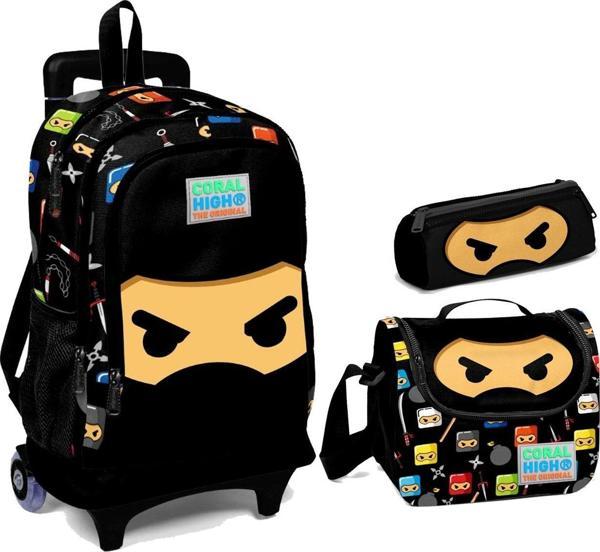 Coral High Siyah Ninja Desenli Çekçek Tekerlekli Okul Çanta Seti - Image 1