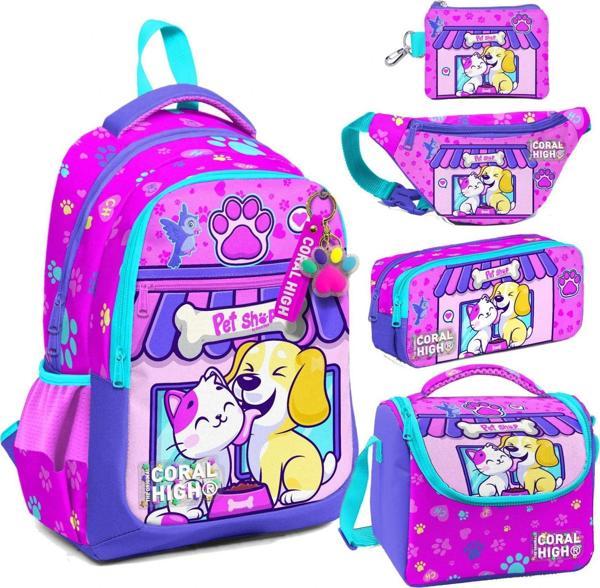 Coral High Kedi Köpek Desenli Kız Çocuk Beşli Okul Çanta Seti - İlkokul İçin Uygun - Image 1