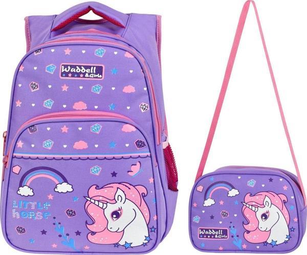 WaddellBag Kız Çocuk Mor Unicorn İlkokul Sırt Çantası ve Beslenme Çantası - Image 1