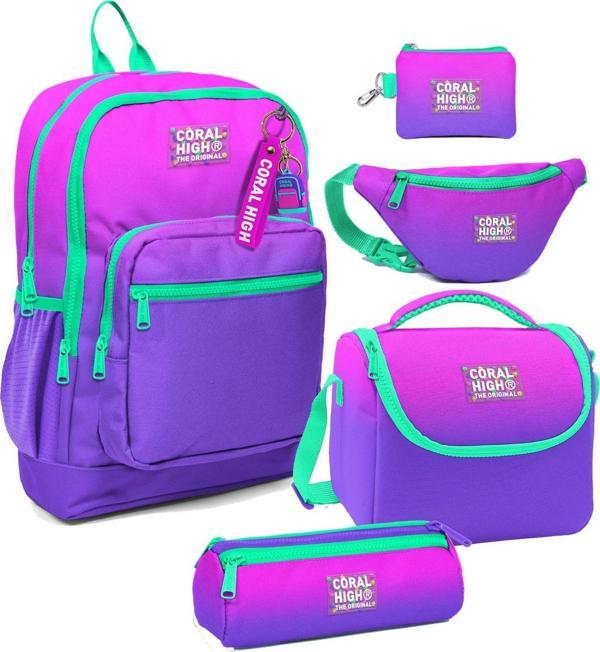 Coral High Kız Çocuk Pembe Mor Renk Geçişli Desenli Beşli İlkokul Okul Çanta Seti - Image 1