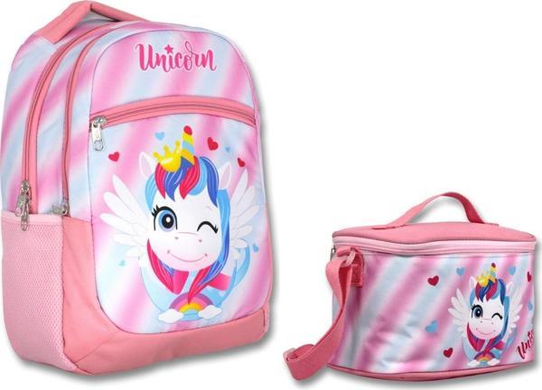 Cennec Pembe Sevimli Unicorn İlkokul Sırt Çantası ve Beslenme Seti - Kız Çocuk - Image 1