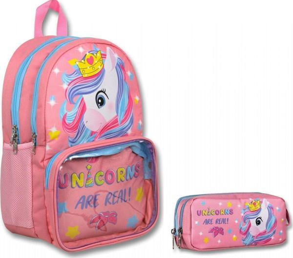 Cennec Şeffaf Bölmeli Pembe Unicorn İlkokul Sırt Çantası ve Kalemlik Seti - Kız Çocuk - Image 1