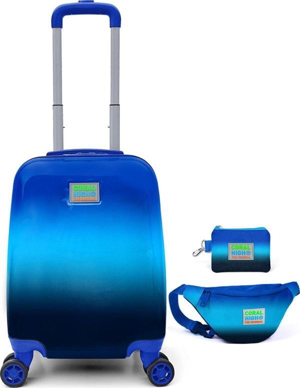 Coral High Erkek Çocuk Mavi-Lacivert Seyahat Seti (Valiz-Bel Çantası-Bozuk Para Cüzdanı) - Image 1