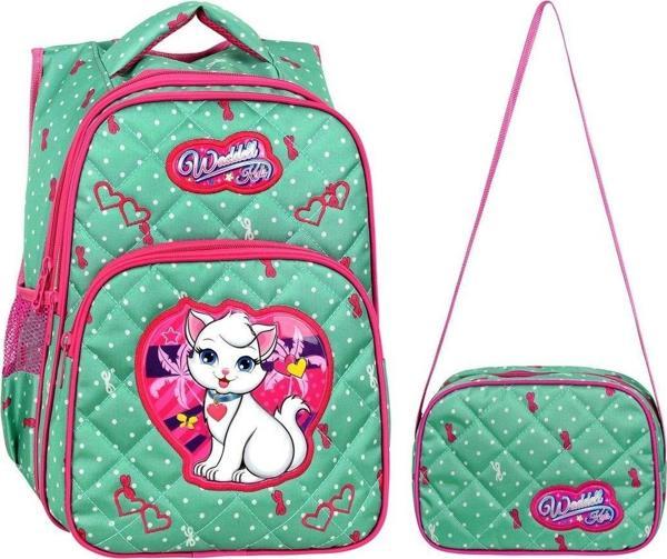Waddell Mint Yeşili Kedi Desenli Kız Çocuk İlköğretim Okul Sırt Çantası Ve Beslenme Çantası - Image 1
