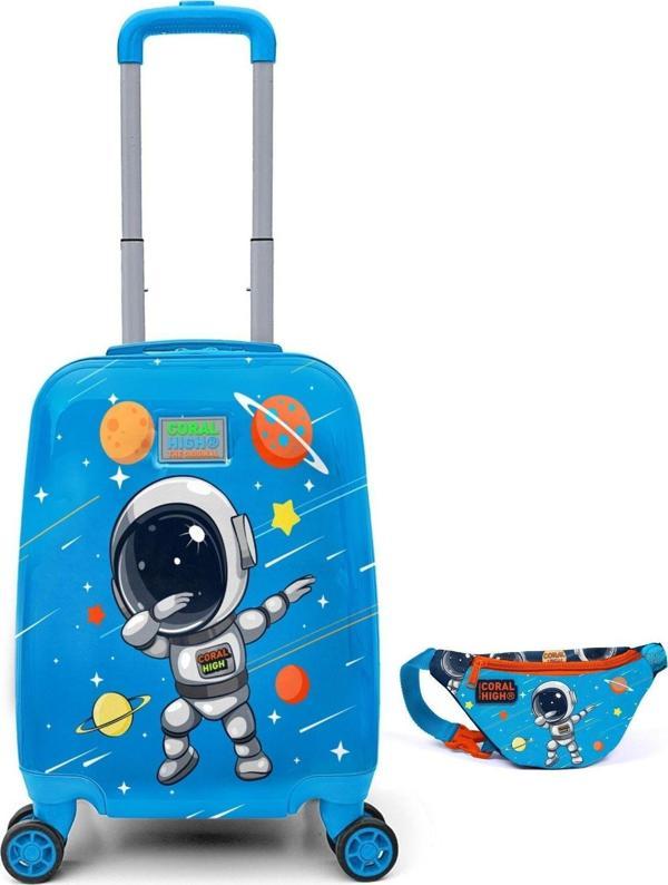 Coral High Erkek Çocuk Tekerlekli Çocuk Valizi ve Bel Çantası Seti 16751 - Mavi Astronot - Image 1