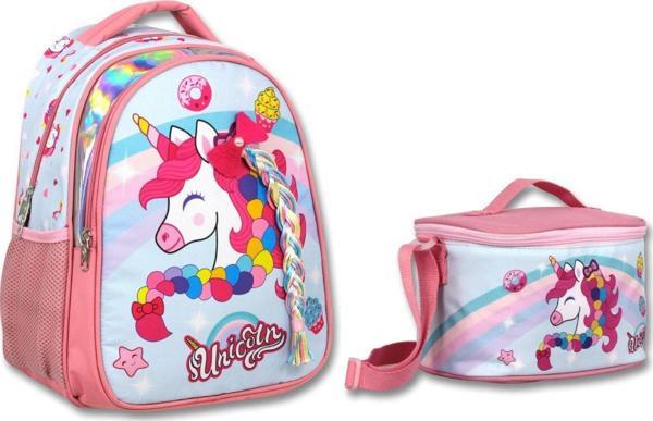 Cennec Pembe Renkli Unicorn İlkokul Sırt Çantası ve Beslenme Çantası Seti - Kız Çocuk - Image 1