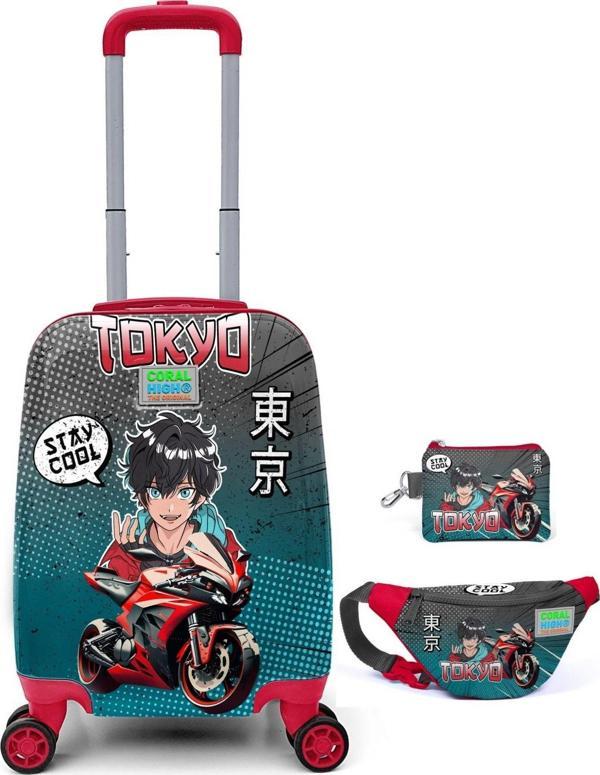 Coral High Yeşil Kırmızı Tokyo Desenli Erkek Çocuk Valiz Seti - Image 1