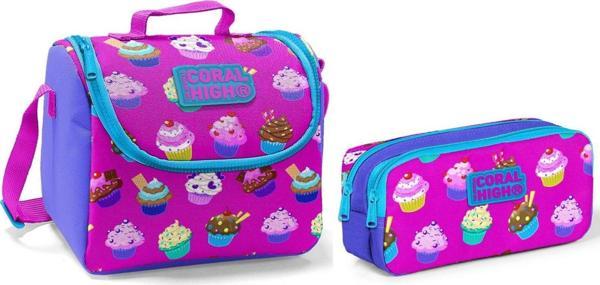 Coral High Beslenme Çantası ve Kalemlik Takım - Pembe - Cupcake - Kız Çocuk - Image 1