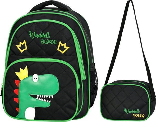 Waddell Siyah Yeşil Dinazor Baskılı İlkokul Çantası - Waddell Bag Okul Çanta Seti - Kız Çocuk - Image 1