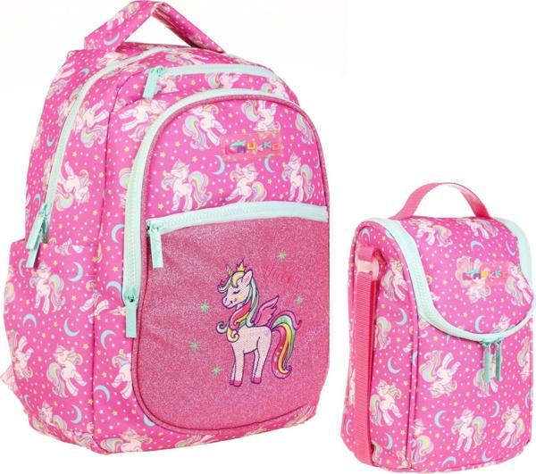 Kaukko İlkokul Sırt Çantası ve Beslenme Çantası Seti  - Simli Nakışlı Unicorn Pembe - Kız Çocuk - Image 1